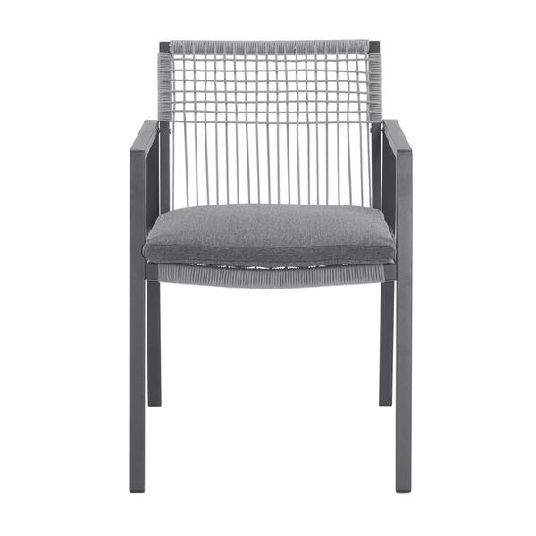 Black Aluminum and Rope Outdoor Dining Chair with Gray Cushion Set of 2