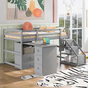 Wooden Gray Low Twin Size Loft Bed with Desk and Staircase, Loft Bed with Storage Drawers and Movable Built-in Desk
