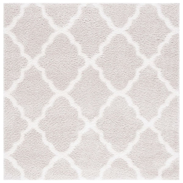Tahoe Shag 7 ft. x 7 ft. Silver/White Trellis Diamond Square Area Rug