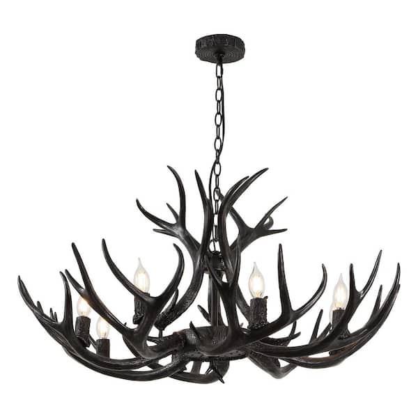 Eldora 36 in. 8-Light Black Rustic Farmhouse Adjustable Resin Antler LED Chandelier