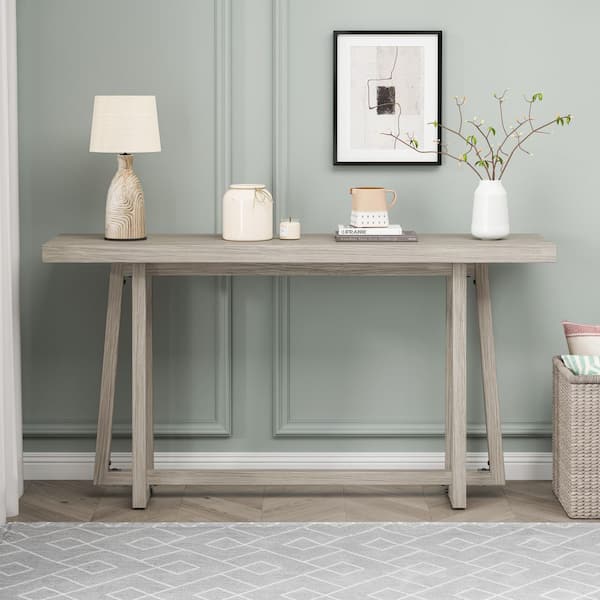 59.84 in. Grey Wood Grain Finish Rectangle Metal Top Console Table with Sturdy Construction