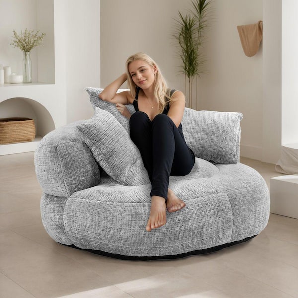 HOMEFUN Modern Comfy Light Grey Chenille Upholstery Bean Bag Round Accent Arm Chair Lazy Sofa Chair