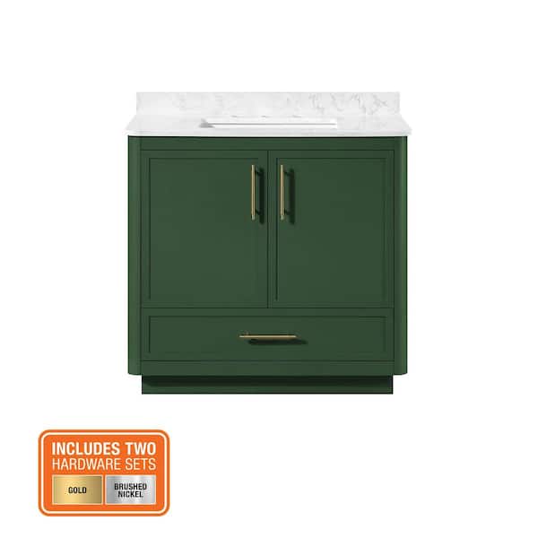 Tamsin 36 in. Single Sink Forest Green Bath Vanity with White Round Corner Engineered Marble Top (Assembled)