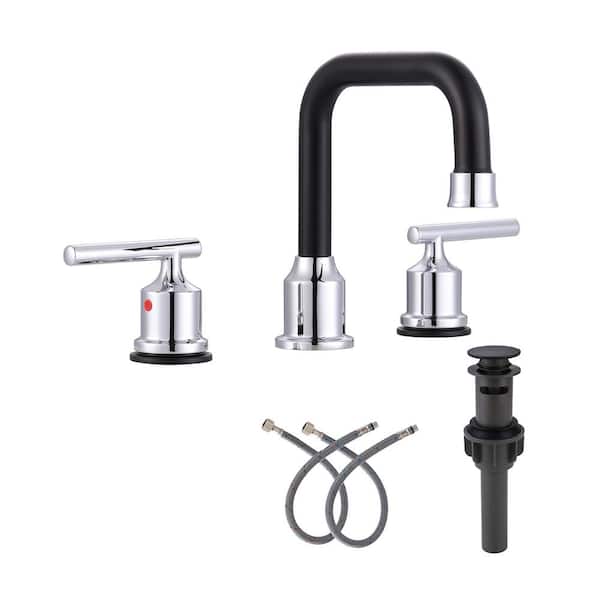 IVIGA 8 in. Widespread Double Handle High Arc Bathroom Faucet with Pop-up Drain and Supply Lines in Black and Chrome (1-Pack)