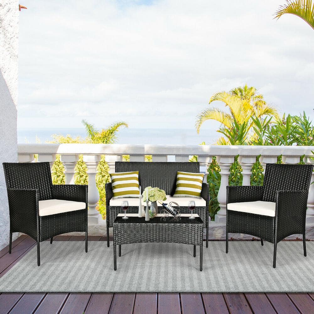 Modern Black Wicker 4-Piece Patio Set with White Cushions