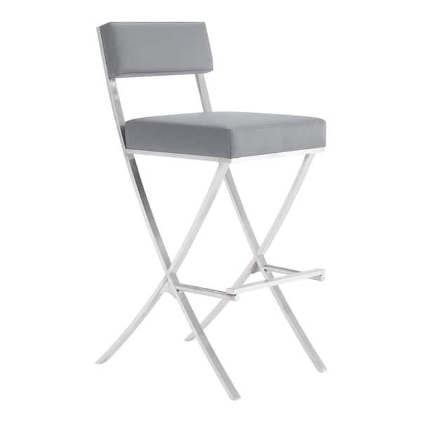 Armen Living Bethany Contemporary 26 in. Counter Height Bar Stool in Brushed Stainless Steel and Grey Faux Leather