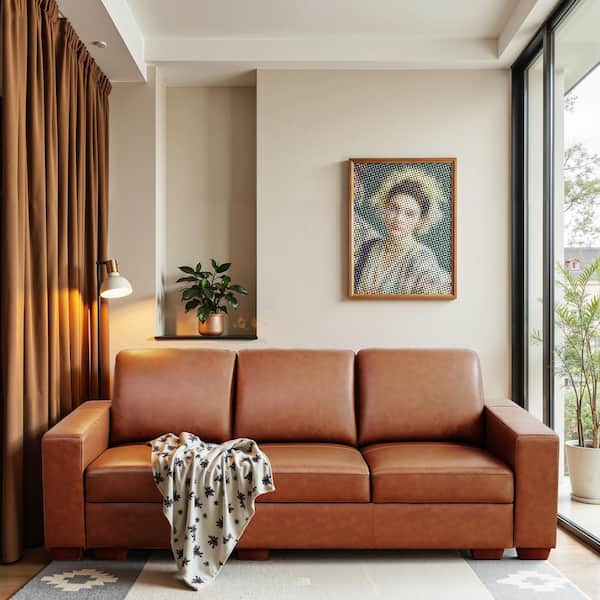 97 in. Straight Arm Genuine Cow Leather Rectangle Sofa in Brown, Mid Century Modern 3-Seats Couch without Ottoman