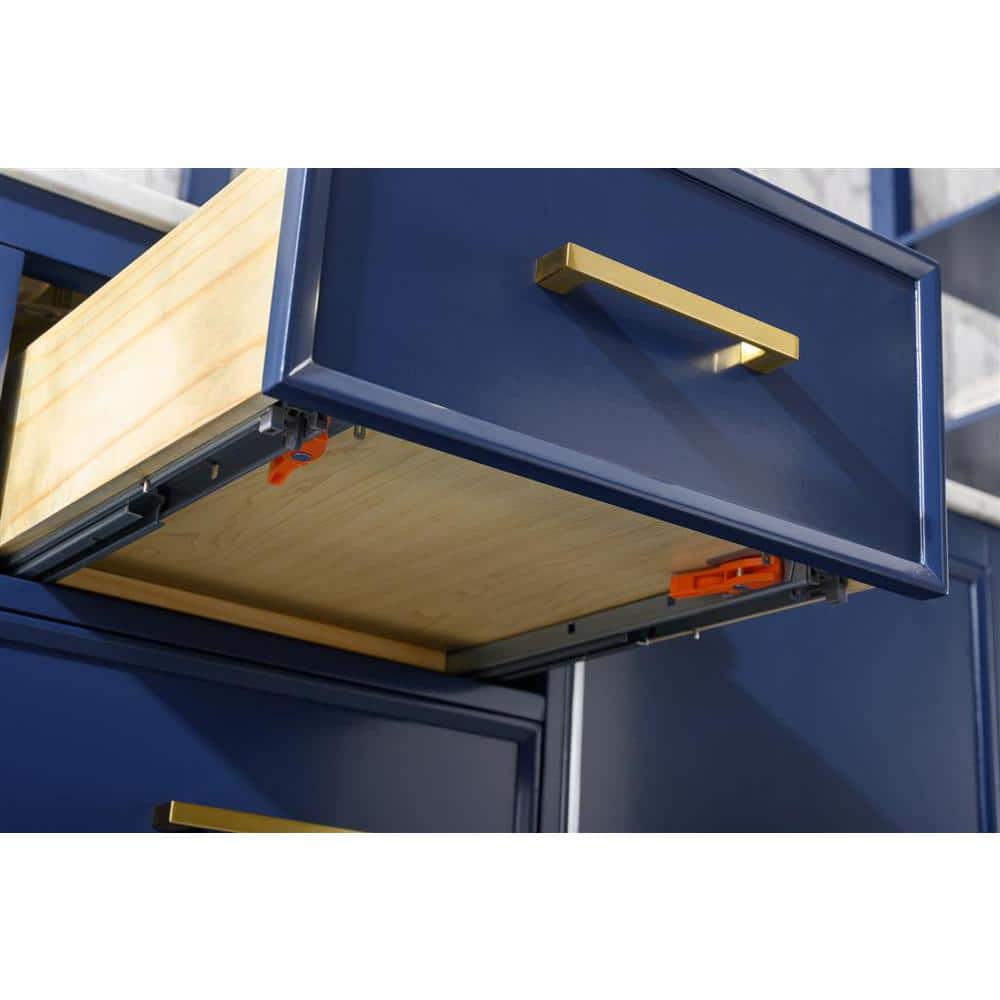 Blue Double Sink Vanity with Carrara Marble Top and Gold Hardware