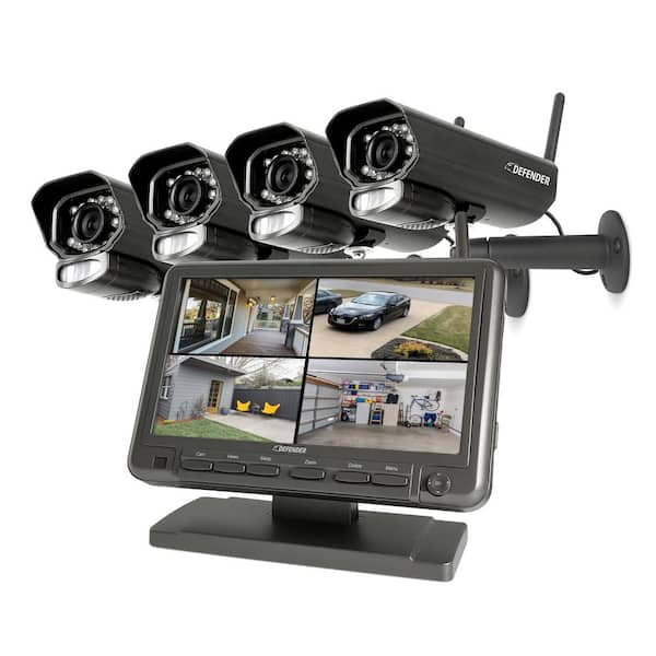 Defender PHOENIXM2 Non-Wi-Fi Plug-In Power Security Camera System with 7 in. Monitor SD Card Recording and 4 Night Vision Cameras