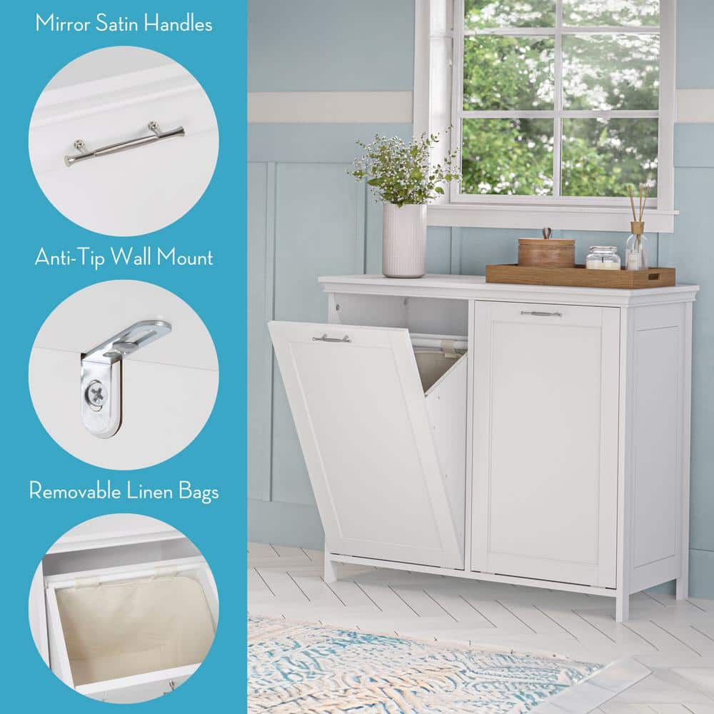White Double Tilt-Out Laundry Hamper Cabinet with Cloth Bags