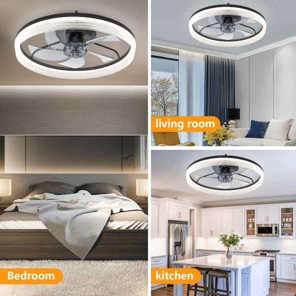 20 in. Modern Indoor Black Flush Mount Ceiling Fans with Remote Control - Small Dimmable Light Timing Fan for Bedroom