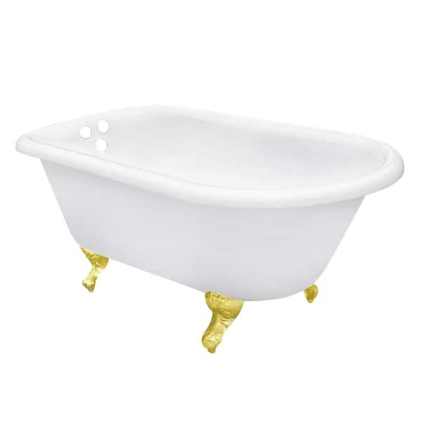 Aqua Eden 66 in. x 30.1 in. Cast Iron Oval Rectangular Clawfoot Soaking Bathtub in White/Polished Brass