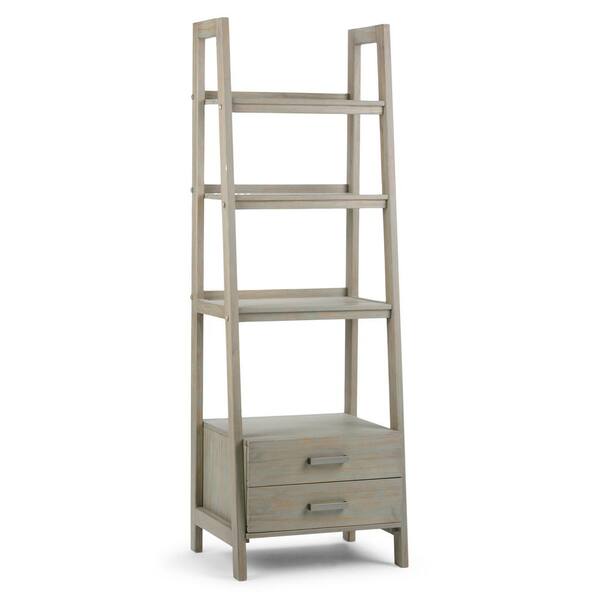 Simpli Home Sawhorse 72 in. H Distressed Gray Wood 4-Shelf Ladder Bookcase