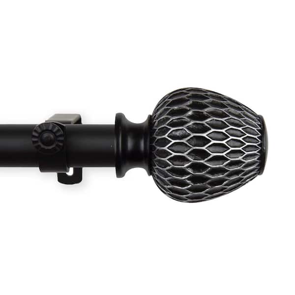 EMOH 66 in. - 120 in. Adjustable Single Curtain Rod 1 in. Dia in Black with Adalee Finials