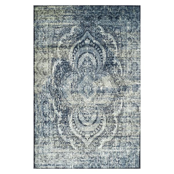 SUPERIOR Salford Blue 4 ft. x 6 ft. Floral Medallion Polypropylene Area Rug