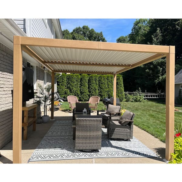 10.2 ft. x 14.2 ft. Wood Grain Aluminum Outdoor Louvered Pergola with 2-Individual Adjustable Roofs and In-Built Gutter