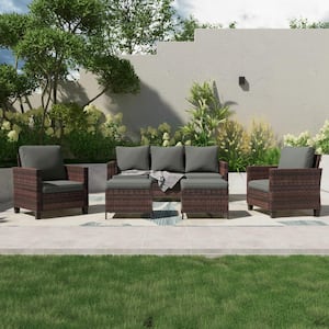 5-Piece Outdoor Patio Conversation Set Widened Back and Arm Brown Rattan 3-Seat Sofa 2-Ottomans, Grey