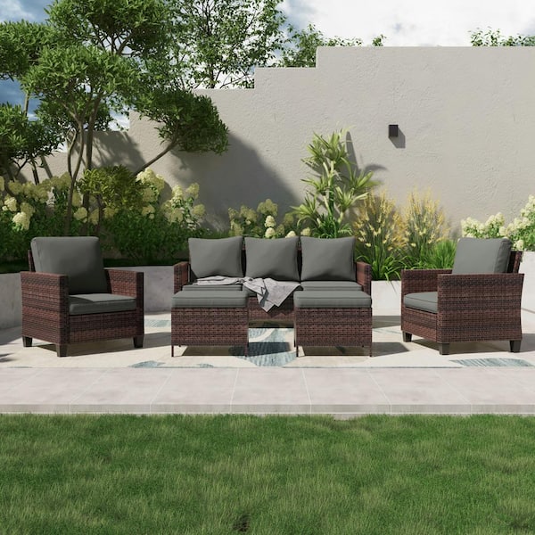 JOYESERY 5-Piece Outdoor Patio Conversation Set Widened Back and Arm Brown Rattan 3-Seat Sofa 2-Ottomans, Grey