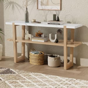 54 in. Natural Rectangle MDF with Stickers Console Table with Adjustable Height Legs and 2 Open Shelves