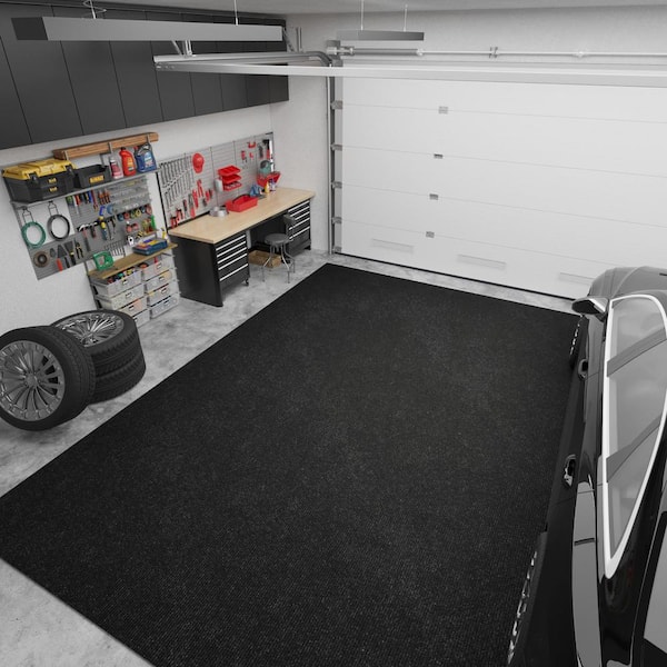 Utility Scrape Rib Non-Slip Custom Cut Area Rug, 6 ft. 7 in. x 10 ft., Black Polyester Garage Flooring