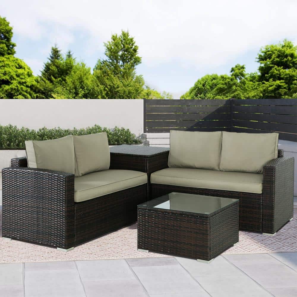 4-Piece Dark Brown Rattan Wicker Patio Conversation Set with Dark Khaki Cus
