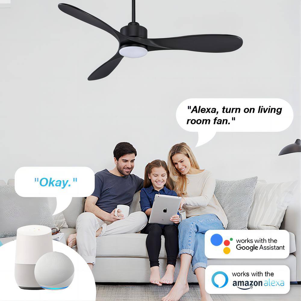 52" Black Modern Ceiling Fan with LED Light and Remote Control