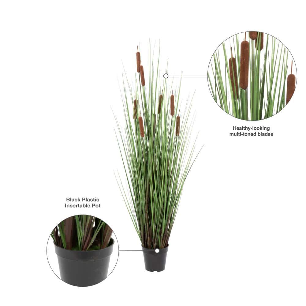 Lifelike 48" Green Grass and Cattails Potted Arrangement in Black Planter
