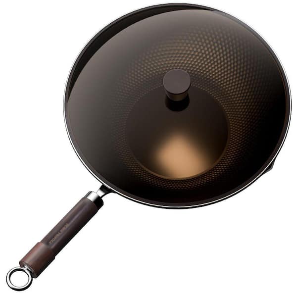 Tripole Nitrided Carbon Steel Wok Pan 11.8 in. Pre-Seasoned Nonstick Flat Bottom with Glass Lid for All Stovetops