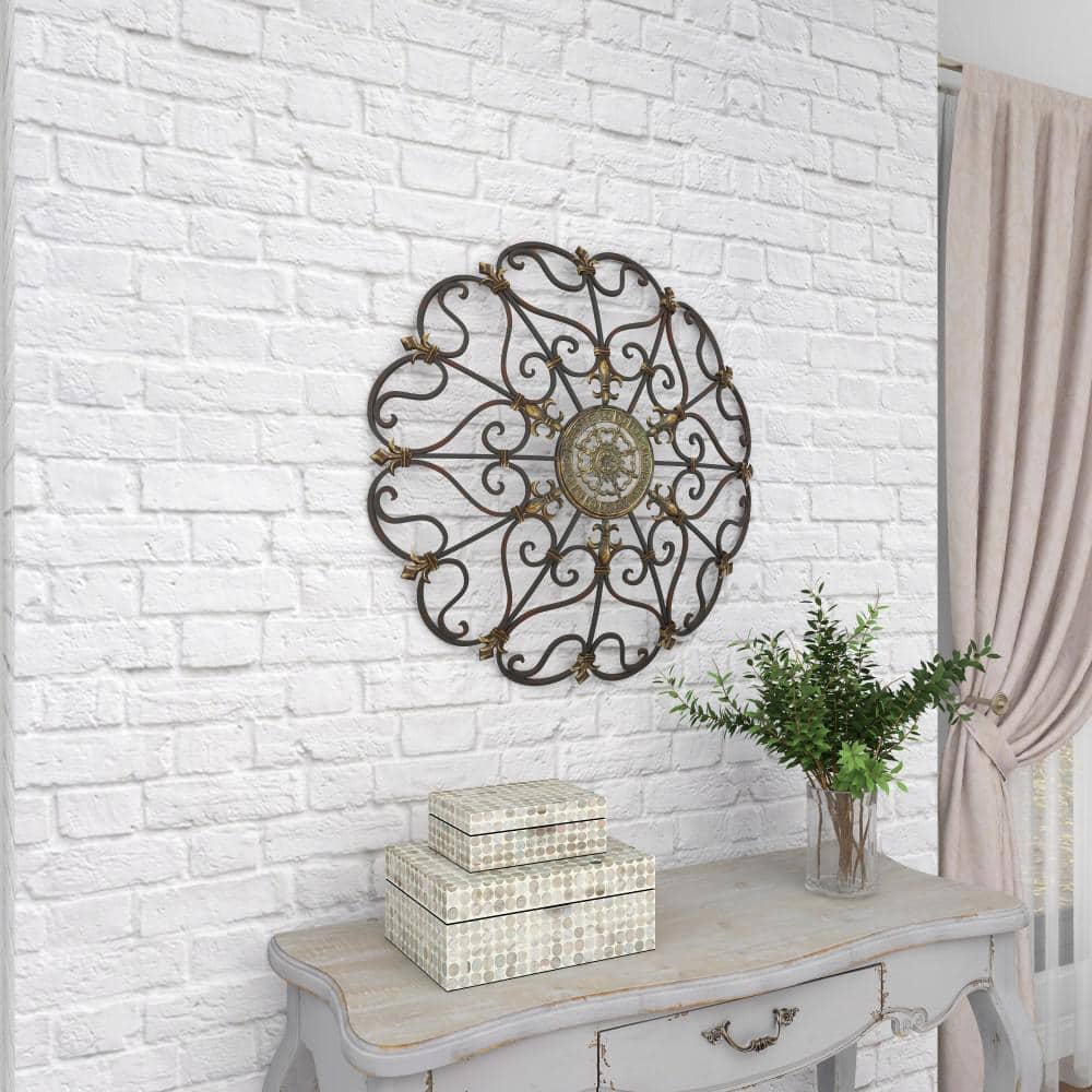 Bronze Ornate Scrollwork Round Metal Wall Decor, 29"