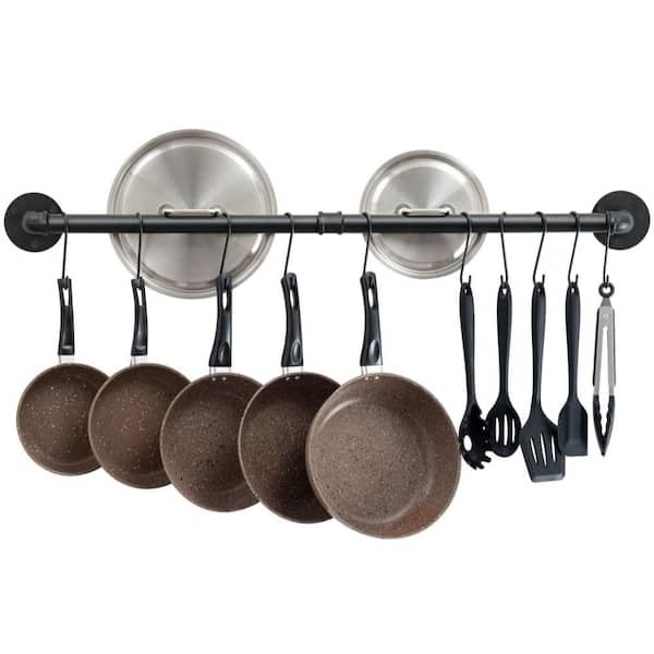 38 in. Wall Mounted Steel Industrial Pipe Pot Rack with 14 S Hooks for Kitchen Cookware Storage, Black