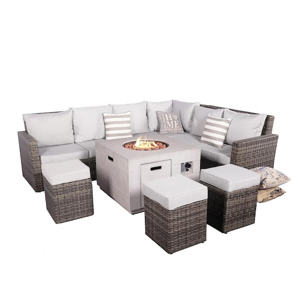 DIRECT WICKER Cedar Gray 8-Piece Wicker Outdoor Sectional Set Firepits with Gray Cushions