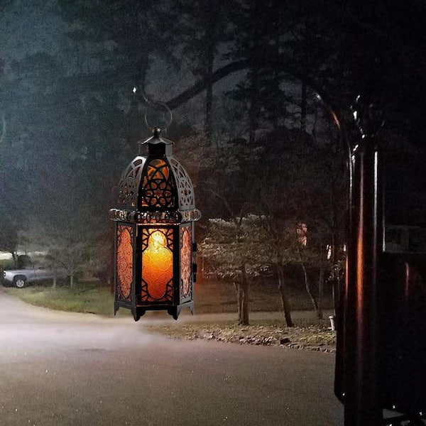 Afoxsos 12.8 in. x 4.1 in. Amber Metal Lantern w/ Candle 1-Pack