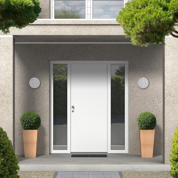 Bulkhead Round 8 in. Textured White Finish Hardwired Outdoor Bulkhead Light w/ White Frosted Glass Shade