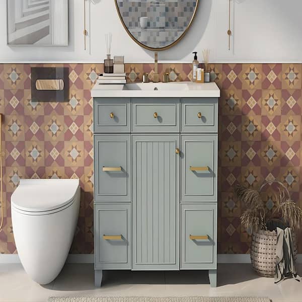 Xspracer Victoria 36 in. W x 18 in. D x 34 in. H Freestanding Single Sink Bath Vanity in Green with White Integrated Countertop