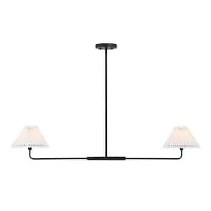 2-Light Matte Black Minimalistic Linear Chandelier with White Pleated Fabric Shades