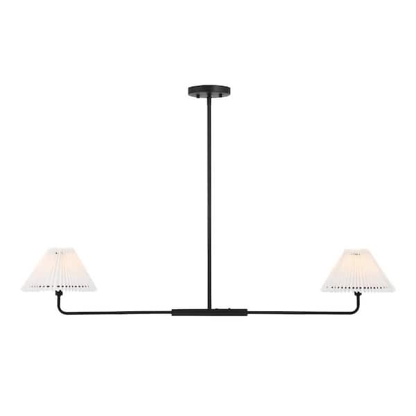 TUXEDO PARK LIGHTING 2-Light Matte Black Minimalistic Linear Chandelier with White Pleated Fabric Shades