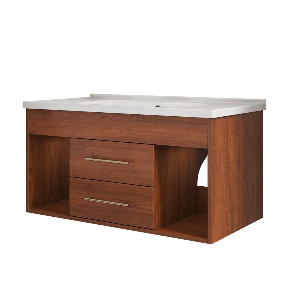 Mid-Century Modern 35.4 in. Single Sink Floating Walnut Bath Vanity with Integrated White Ceramic Top and 2-Drawers price history on PriceWatchPro
