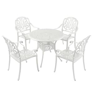 White 5-Pieces Outdoor Furniture Dining Table Set All-Weather Cast Aluminum Patio Furniture with Umbrella Hole