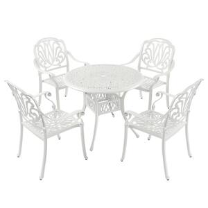 White 5-Pieces Outdoor Furniture Dining Table Set All-Weather Cast Aluminum Patio Furniture with Umbrella Hole