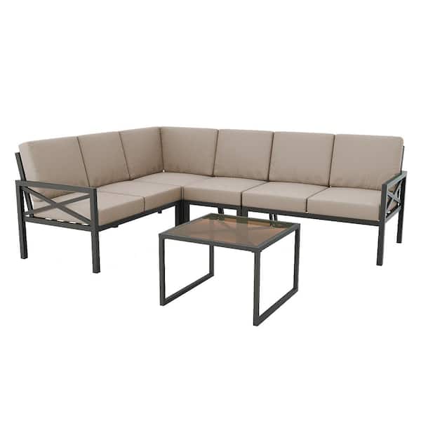 Leisure Made Blakely Black 5-Piece Aluminum Outdoor Sectional with Tan Cushions
