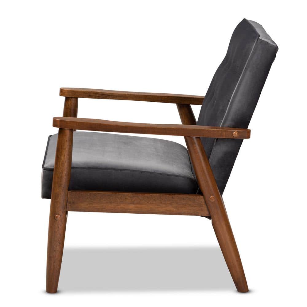 Mid-Century Modern Gray Velvet and Walnut Wood Accent Chair