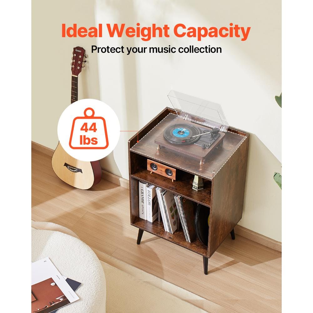 Brown Wood 3-Tier Record Player Stand with LED Light and USB Ports