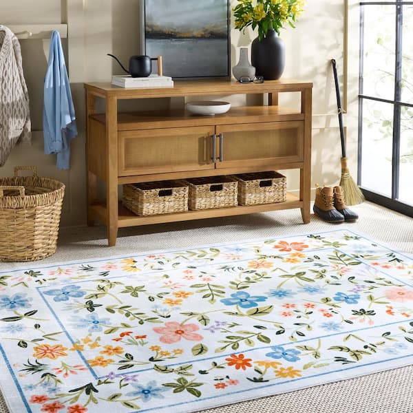 Martha Stewart Washable Light Blue/Rust 9 ft. x 12 ft. Machine Washable Border Floral Area Rug