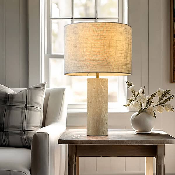 ALOA DECOR 23 in. 1-Light Farmhouse Table Lamp with Cylinder Natural Travertine Stone Base and Beige Linen Drum Shade