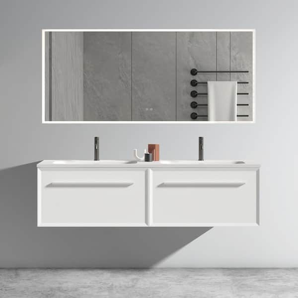 Unbranded 60 in. W x 18 in. D x 16 in. H Double Sink Wall-Mounted Bath Vanity in White with White Solid Surface Top