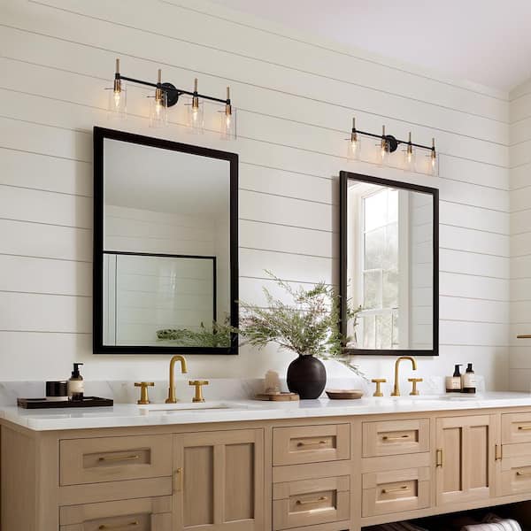 Modern 4-Light Brass Gold Wall Sconce, Black Vanity Light with Cylinder Clear Glass Shades, DIY Bathroom Wall Lights