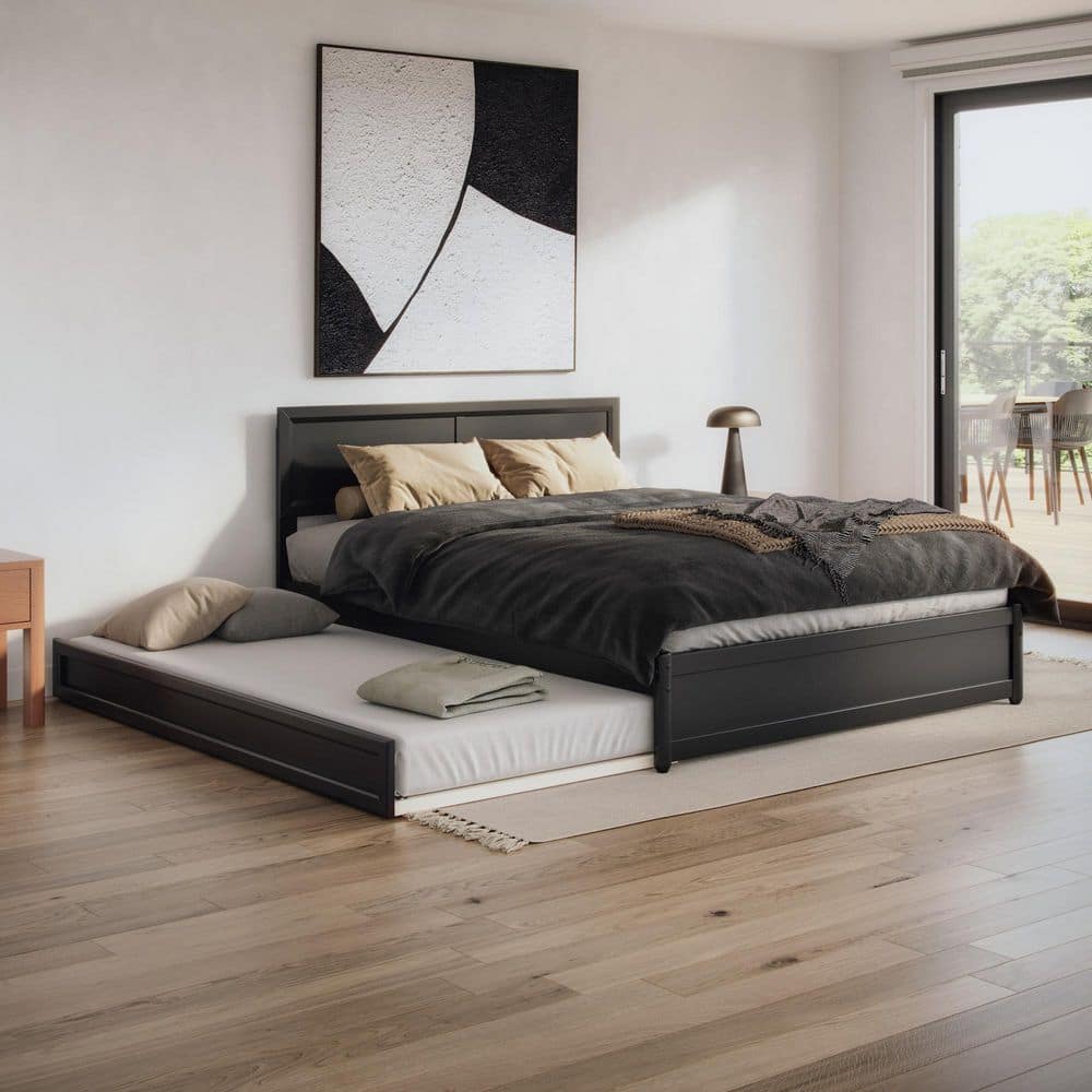 Lylah Black Wood Frame Queen Platform Bed with Panel Footboard and Twin XL Trundle