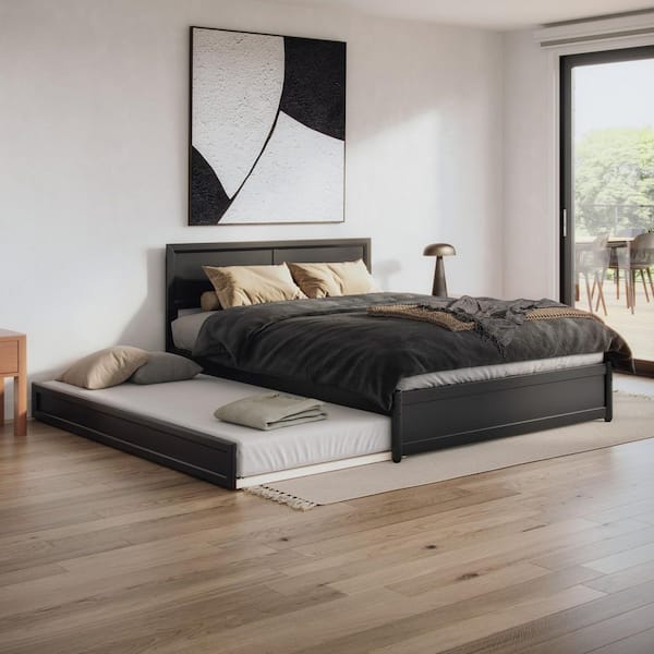 Lylah Black Wood Frame Queen Platform Bed with Panel Footboard and Twin XL Trundle