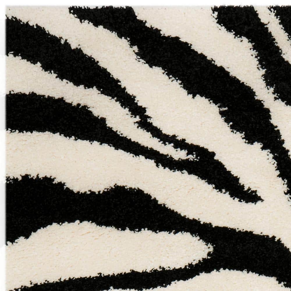 Ivory and Black Zebra Print Shag Area Rug 5'3" x 7'6"