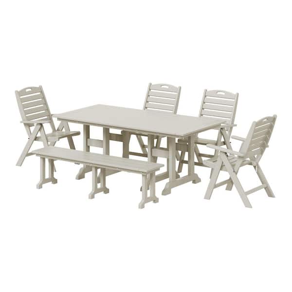 Laguna Outdoor All Weather HDPE Plastic Sand 6-Piece Patio Dining Set with Highback Folding Chairs and Picnic Bench